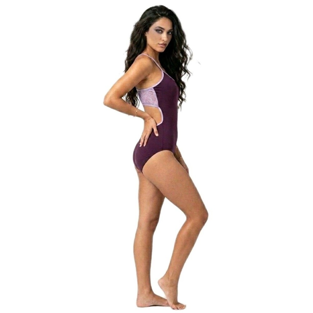 Aja VTG Open Back Cutout Mesh Lace Crossback Tank Leotard AJA#103 Purple Plum AS